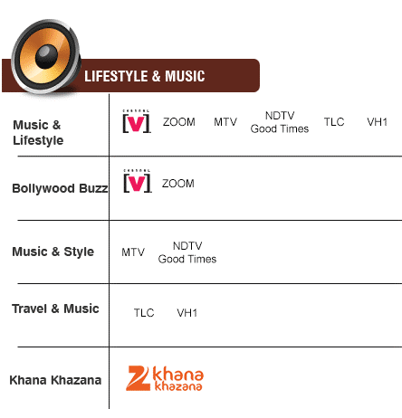 AXN, Channel V, VH 1, NDTV Good Times, Zoom TV, Khana Khazana